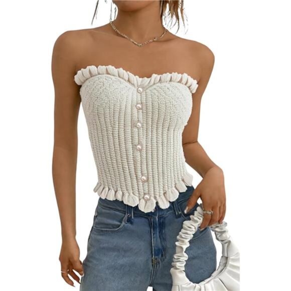 ✨ Knitted Strapless Crop Top | Ruffle Trim & Pearl Button Detail - Picture 1 of 6